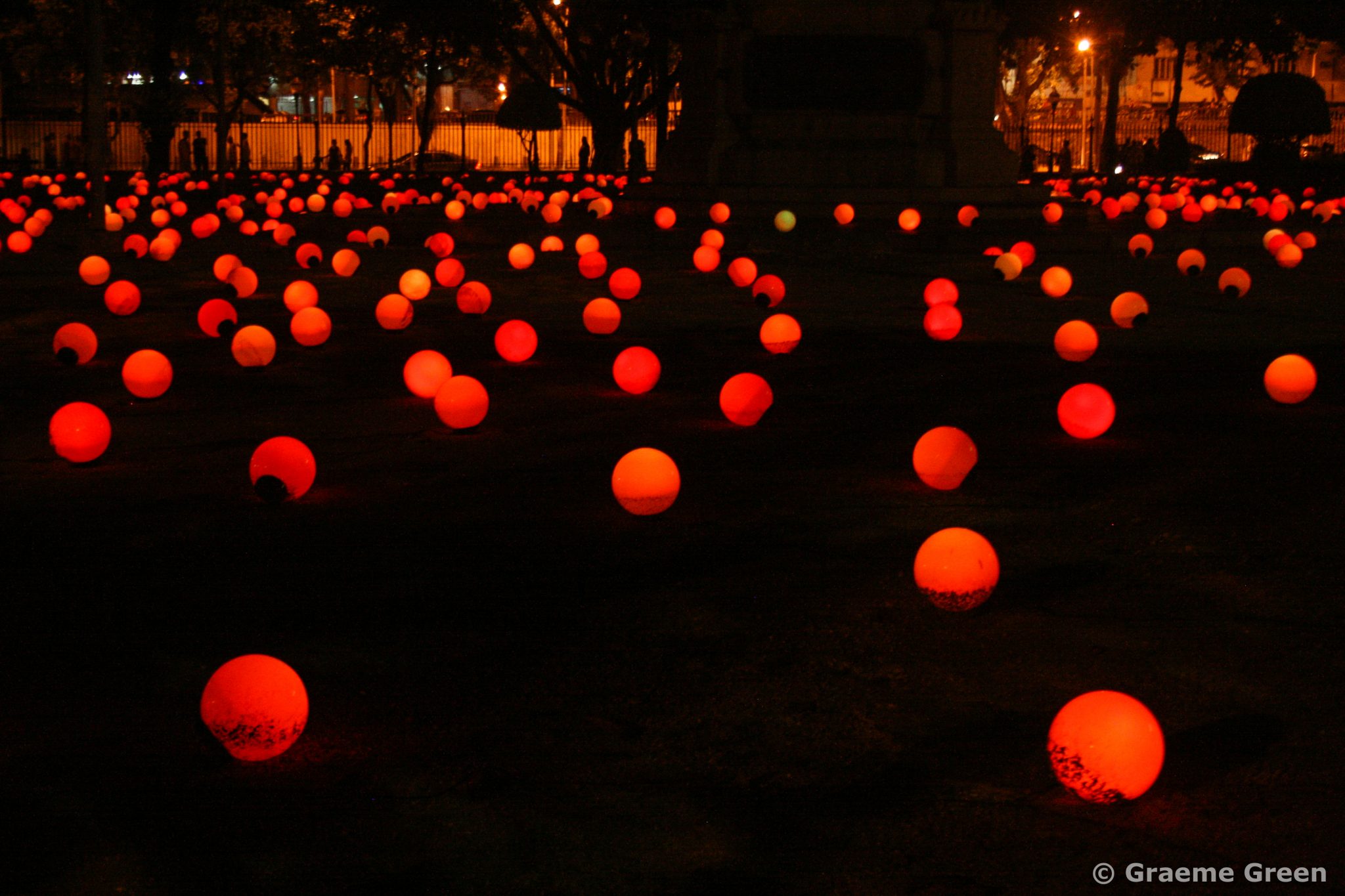Art project featuring hundreds of glowing glass bulbs in a park in the Lapa district of Rio de Janeiro, Brazil